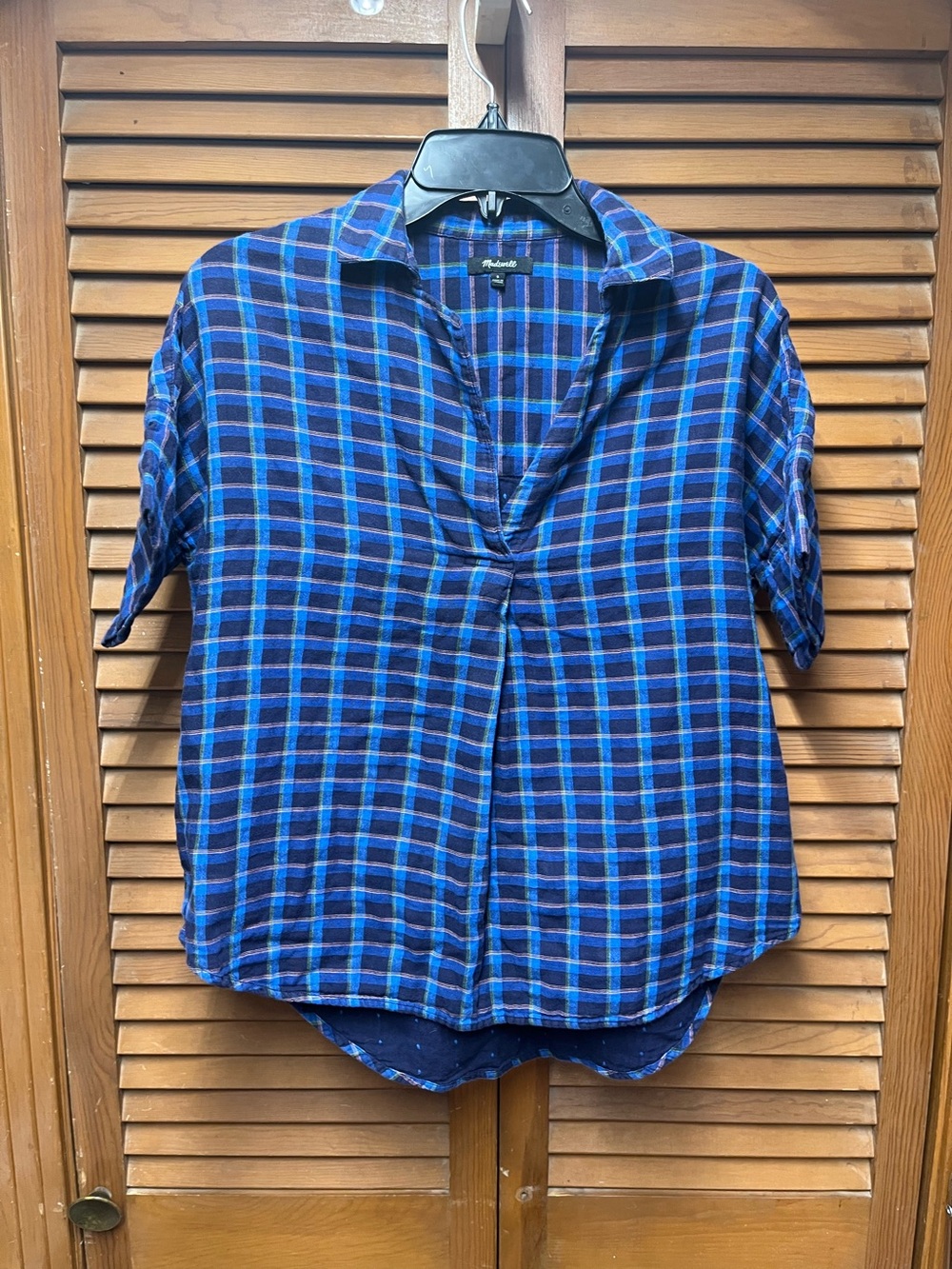Madewell Blue Plaid Short Sleeve Courier Popover Shirt V-Neck Blouse